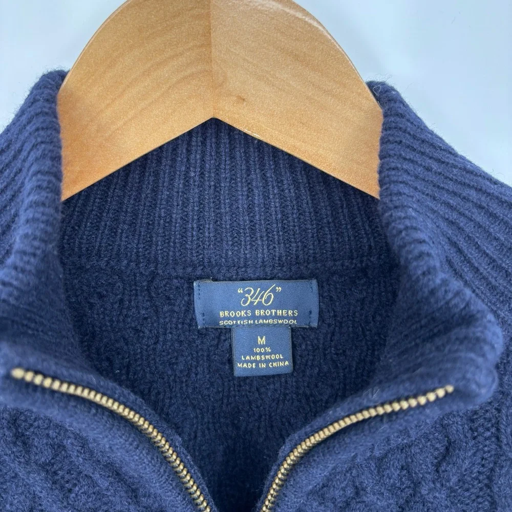 Brooks Brothers Scottish Lambswool Cable Knit Full Zip Sweater Men M Navy Blue